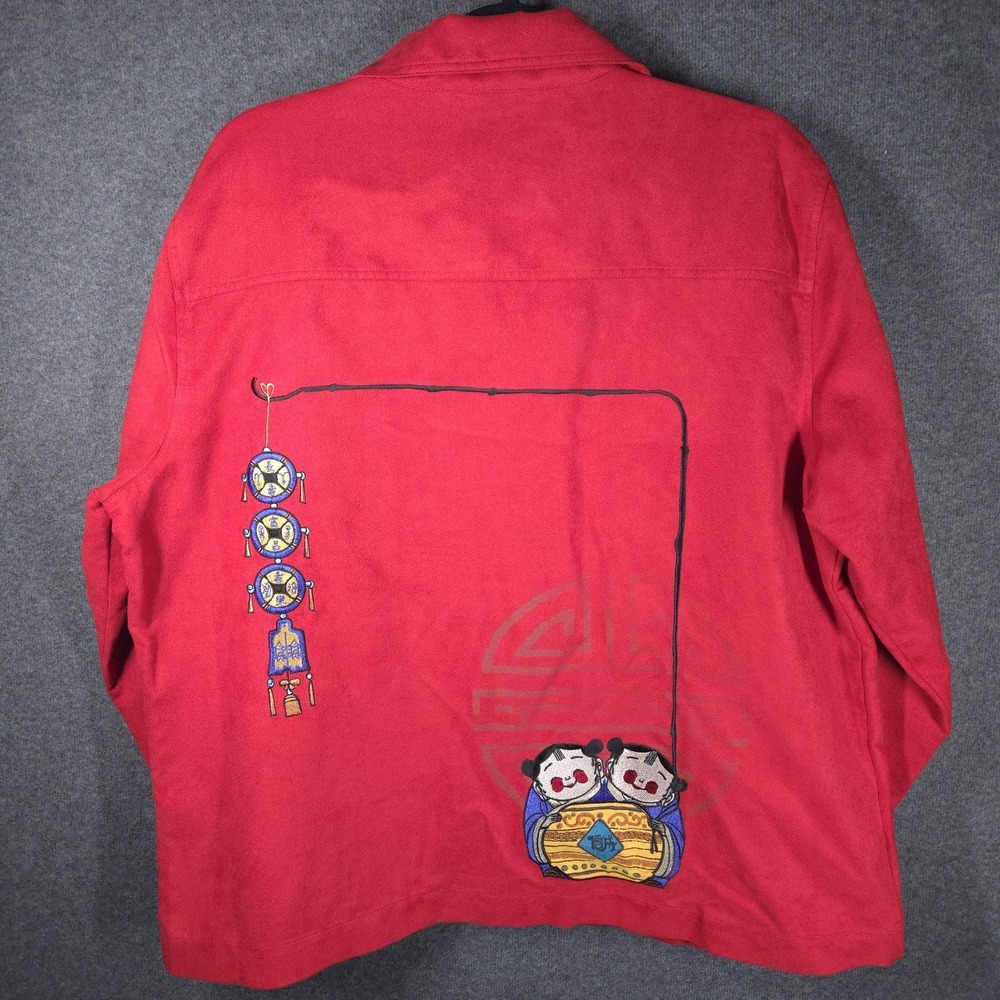 Chicos Y2K Red Faux Suede Shirt Jacket Womens‎ Size 3 Asian Embroidered